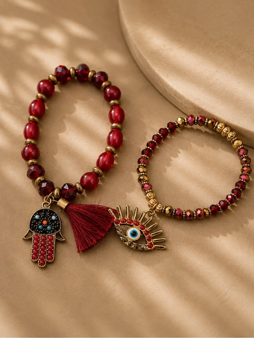 Japanese Vintage Red Evil Eye Hamsa Bracelet Set Tassel Beaded Boho Jewelry